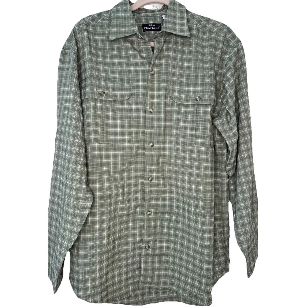 L.L.Bean Traveler Mens Medium Green Plaid Button Shirt Roll Tab Hiking